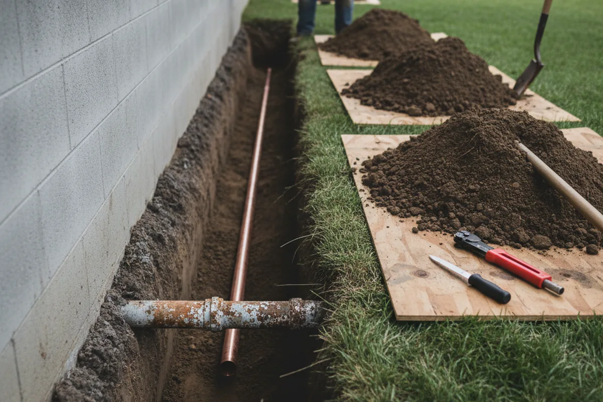 Excavated water line trench during Sewer Line Repair in Finleyville